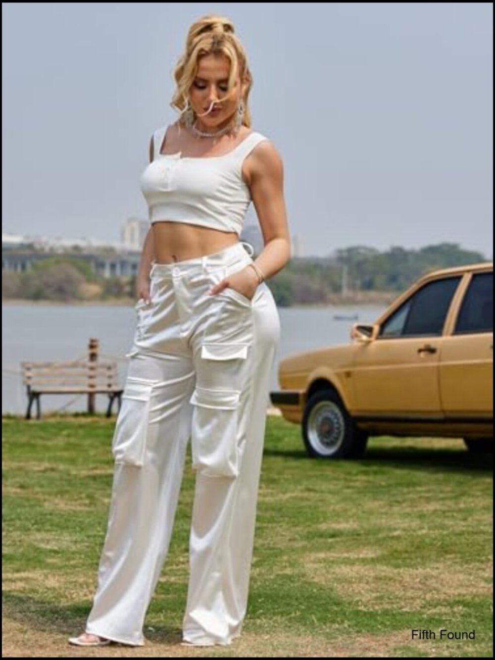 High Waisted Satin Cargo Pants Wide Leg Loose Fit with Pockets XL - Picture 2 of 7